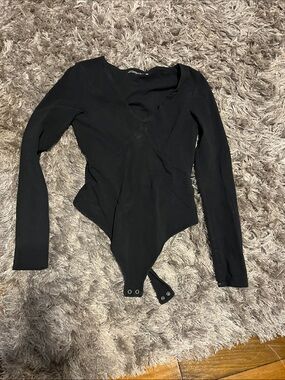 Abercrombie & Fitch Black Long-Sleeve Wrap Bodysuit